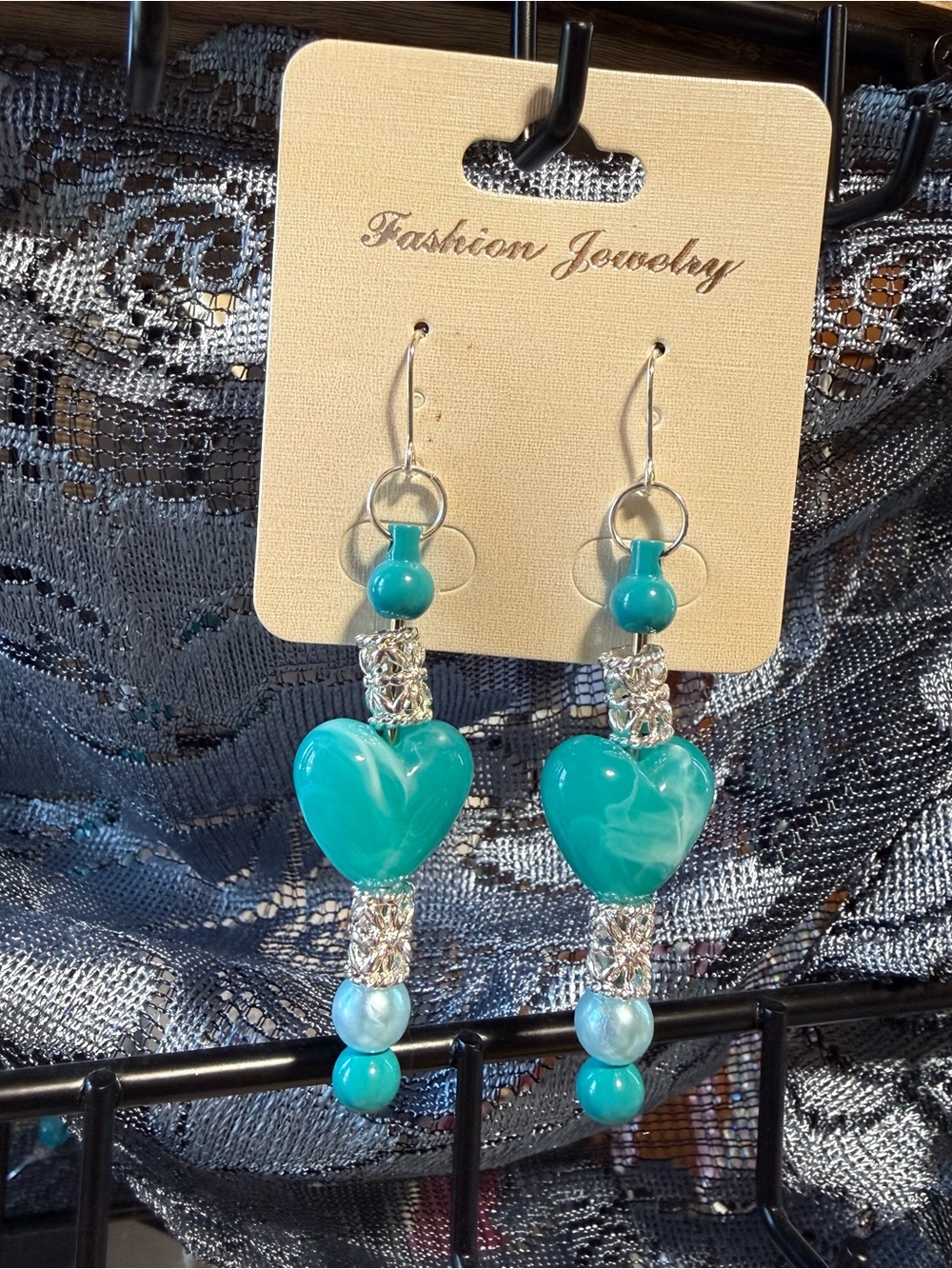 Fashion Jewelry Teal Heart Dangle Earrings
